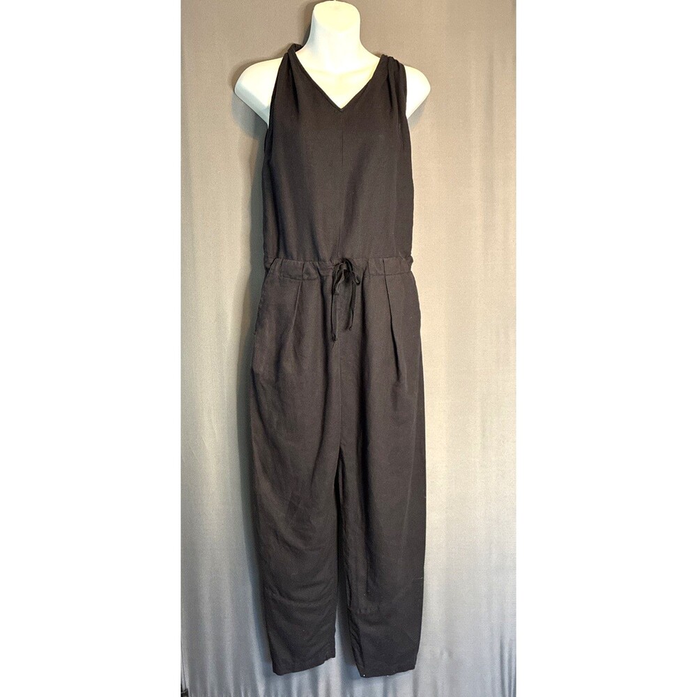 Zara Basic Linen Cotton Cropped Halter Jumpsuit XS Black Open Back Cottage Beach